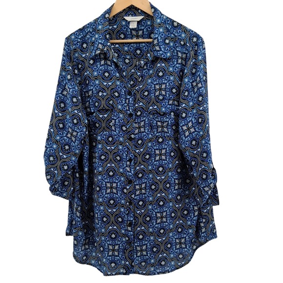 CJ Banks Sz 2X Blue Geometric Tunic Top Womens Button Down Long Sleeve Boho - Picture 1 of 11